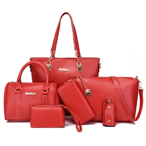 Red 6-piece women's PU leather handbag set featuring tote bag with gold hardware