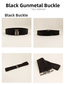 Detail of black elastic wide belt featuring a gunmetal matte finish buckle