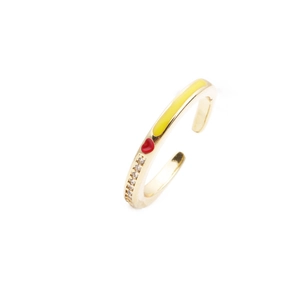 Gold plated adjustable open ring with red enamel heart, yellow accents and zircon stones