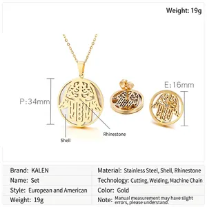 Detailed view of golden Hamsa Hand necklace and earrings set with shell and rhinestones