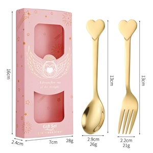 Golden heart stainless steel spoon and fork gift set with pink box measurements