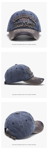 Detailed views of vintage denim baseball cap with embroidery and adjustable metal buckle