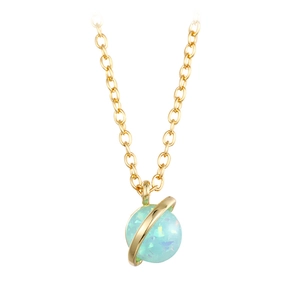Close-up of golden planet necklace featuring a radiant blue opal stone center
