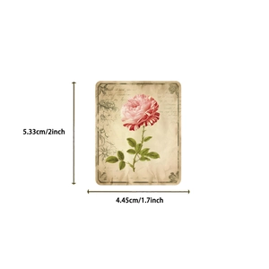 Detailed dimensions of a vintage pink rose sticker showing 5.33cm by 4.45cm measurements