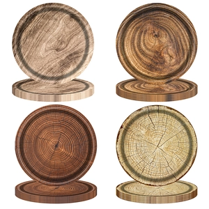 Detailed macro view showing natural wood grain textures and colors on rustic round coasters