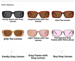Retro rectangular sunglasses in nine vibrant colors displayed in a grid on white background