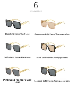 Detail showing oversized square sunglasses in six colors with gold chain temple design