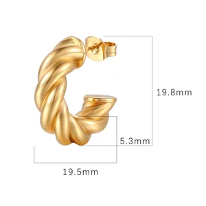 Detailed dimensions of gold twisted hoop earrings showing 19.8mm height and 19.5mm width