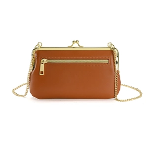 Vintage brown leather crossbody bag with metal chain strap and golden kiss-lock closure