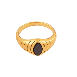 Vintage gold plated titanium steel ring with black oval zircon and sunburst engraving