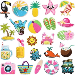 Detailed embroidery texture of various colorful summer beach theme iron-on patches