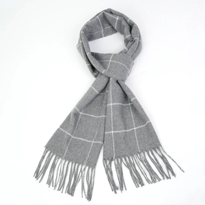Men's grey cashmere feel scarf with white plaid pattern and tassel fringe detailing