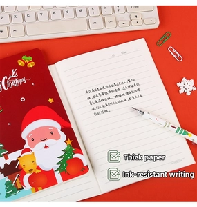 Detail of Santa notebook and pen on desk with thick paper and ink-resistant texture