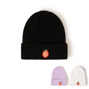 Bonnet Tricoté Pour Enfants Chaud Acrylique Broderie Fruits Motif Orange Bonnet À Revers Pour Garçons Filles
