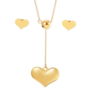 Polished gold heart pendant necklace and matching stud earrings jewelry set for women