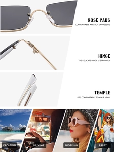 Detail view of square half-frame sunglasses with metal hinges and comfortable nose pads