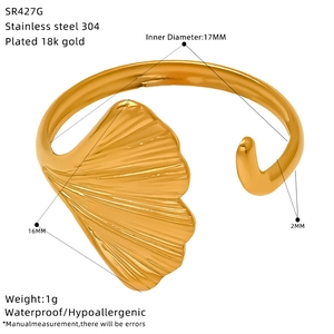 Detailed dimensions of the golden ginkgo leaf stainless steel ring with 18k gold plating
