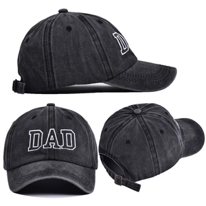 Vintage washed dark grey cotton baseball cap with white DAD embroidery from multiple angles