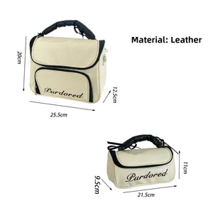 Detailed dimensions of ballet-style cream leather cosmetic bags with black handles