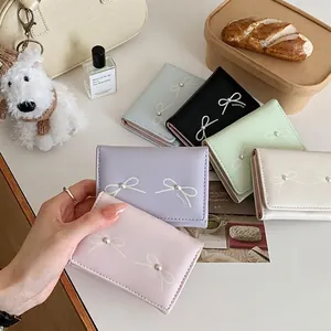 Womens Short Wallet PU Leather Bowknot Artificial Pearl Trifold Coin Purse With Heart Photo Slot Card Holder For Everyday Use