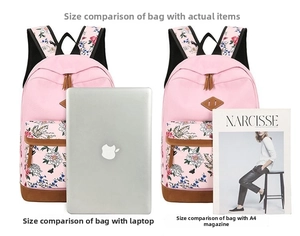 Pink floral backpack size comparison with a 14-inch laptop and A4 magazine documents