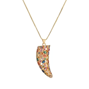 Golden tusk pendant necklace featuring colorful cubic zirconia gemstones on a gold chain