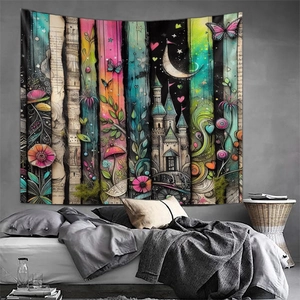 Detail of Christmas wall tapestry with fantasy castle and moon patterns in a cozy bedroom