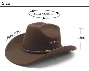 Size chart showing 57-58cm circumference and 8cm brim for the brown western cowboy hat