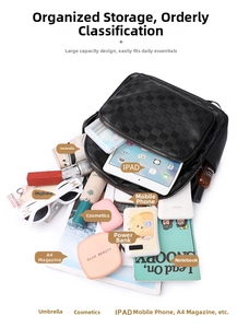 Flat lay of checkerboard backpack showing large capacity for tablet and daily items