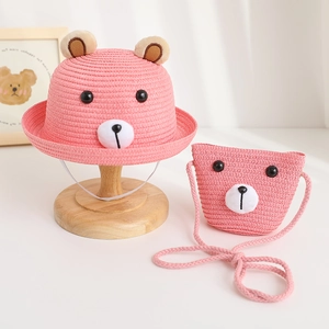 Set cappello di paglia con orso rosa e borsa a tracolla coordinata per bambini sole