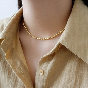 Minimalist Oval Bead Chain Necklace Stainless Steel 18K Gold Plated Geometric Rice Ball Link Choker For Women Men