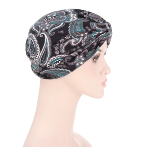 Women's paisley print cotton turban hat with crisscross design and vintage pattern