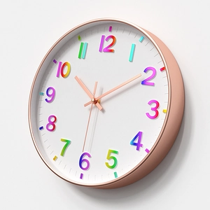 Modern 30cm wall clock with rose gold frame and colorful gradient numbers at a 45-degree angle