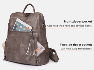 Detail of vintage brown leather backpack showing front zipper pocket fitting an iPad Mini