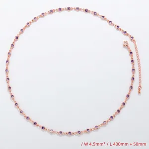 Detail view of rose gold necklace featuring 4.5mm purple zircons and 430mm length