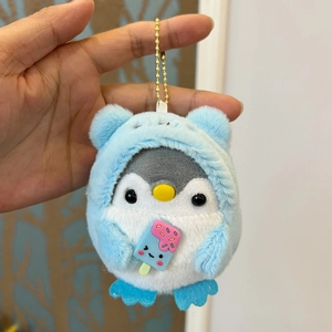 Detailed plush penguin pendant with blue hoodie holding a colorful ice cream cone charm