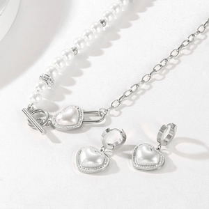 Elegant stainless steel pearl chain OT buckle necklace and earrings set with heart charms