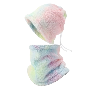 Pastel tie-dye fleece hat and neck warmer set with drawstring adjustment for winter