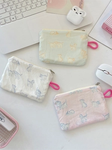 Cute cat print storage pouch set for coins and earphones in mint, beige and pink