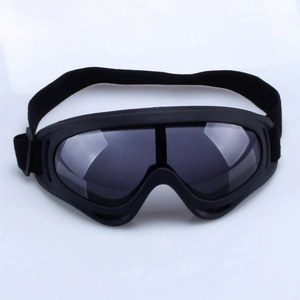 Detail view of black tactical goggles with flexible frame and adjustable elastic strap