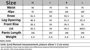 Tableau détaillé des tailles pour jeans en denim femme avec mesures du XS au L en CM