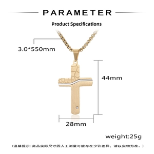 Detailed parameter view of gold cracked cross pendant with dimensions and stone detail
