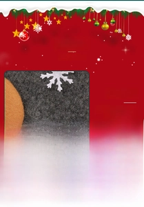 Detail of plush reindeer Christmas gift bag with red plaid scarf and golden bell accessory