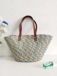 Colorful Hand-Woven Paper Straw Tote Bag Large Capacity Beach Vacation Shoulder Handbag With Faux Leather Handles