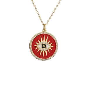 Gold Evil Eye necklace with red enamel sunburst pendant and sparkling pave zircon border