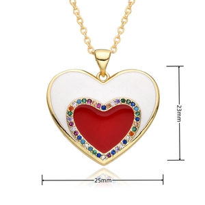 Detail showing dimensions of red and white enamel heart pendant with colorful zircons