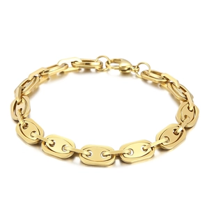 Gold stainless steel coffee bean link bracelet with pig nose chain and lobster clasp
