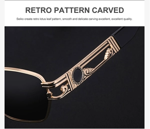 Detail view of gold metal temples with retro lotus pattern carving on steampunk sunglasses