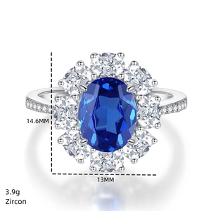 Detailed view of S925 silver ring featuring blue oval zircon and side measurements