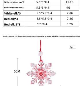 Close-up of a white wooden snowflake ornament with red patterns and size measurements
